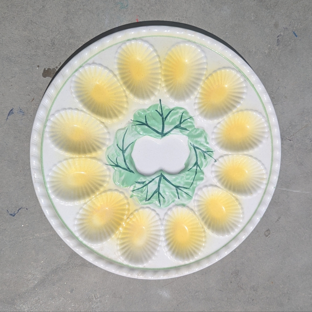 Vintage 10" Majolica Deviled Egg Plate Yellow Cabbage Center Japan Egg Dish Tray